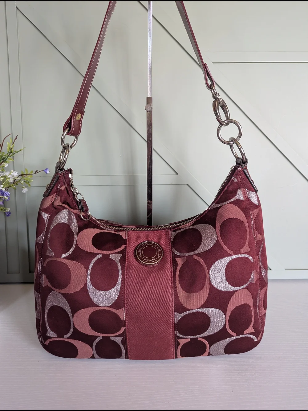 Coach Women's Maroon Signature Hobo Shoulder Bag